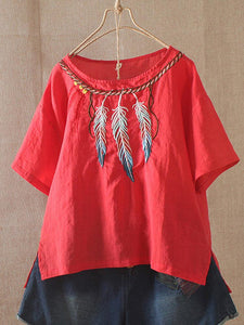 Camiseta mexicana de manga corta y lino con dibujo de pluma