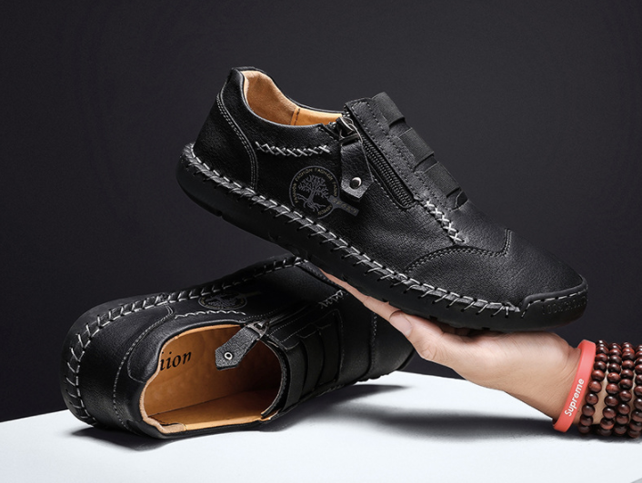 Zapatos casuales de cuero de microfibra con costuras a mano con cremallera lateral