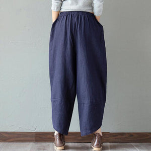 Vintage mujeres Patchwork Pokcet cintura elástica pantalones de pierna ancha y lino