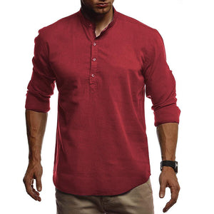 Camisa de algodón y lino de manga larga con cuello alto