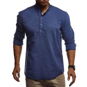 Camisa de algodón y lino de manga larga con cuello alto