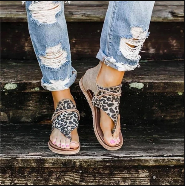 Sandalias de leopardo retro con cremallera para mujer