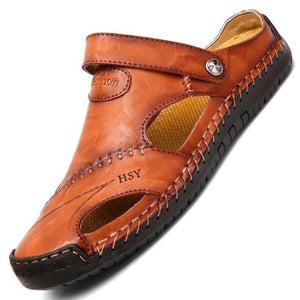 Sandalias de cuero con punta cerrada suave al aire libre con costura a mano para hombres