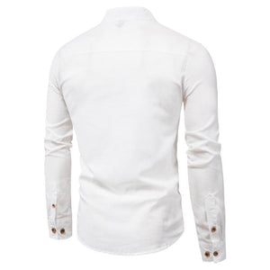 Camisa de manga larga de algodón y lino camisa de cuello alto de color liso