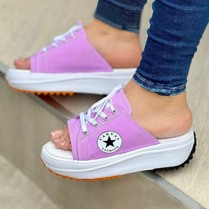 [W-Zapato] Sandalias De Mujer De Lona Con Punta Abierta Y Cordones
